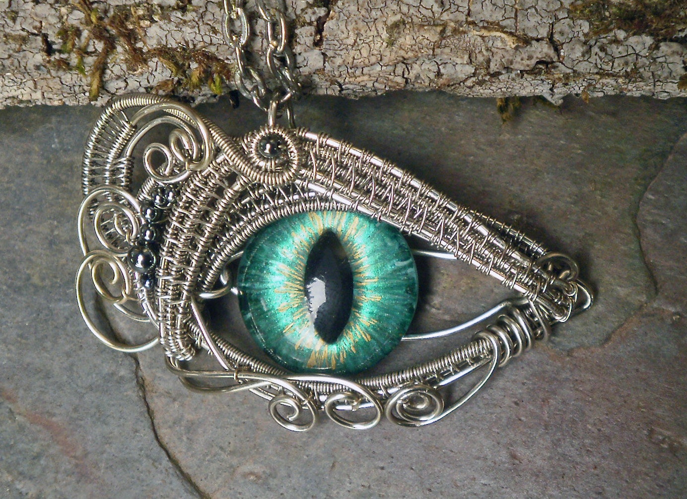 Gothic Steampunk Evil Cat Eye Pendant in Silver Ox by Twisted Sister Arts