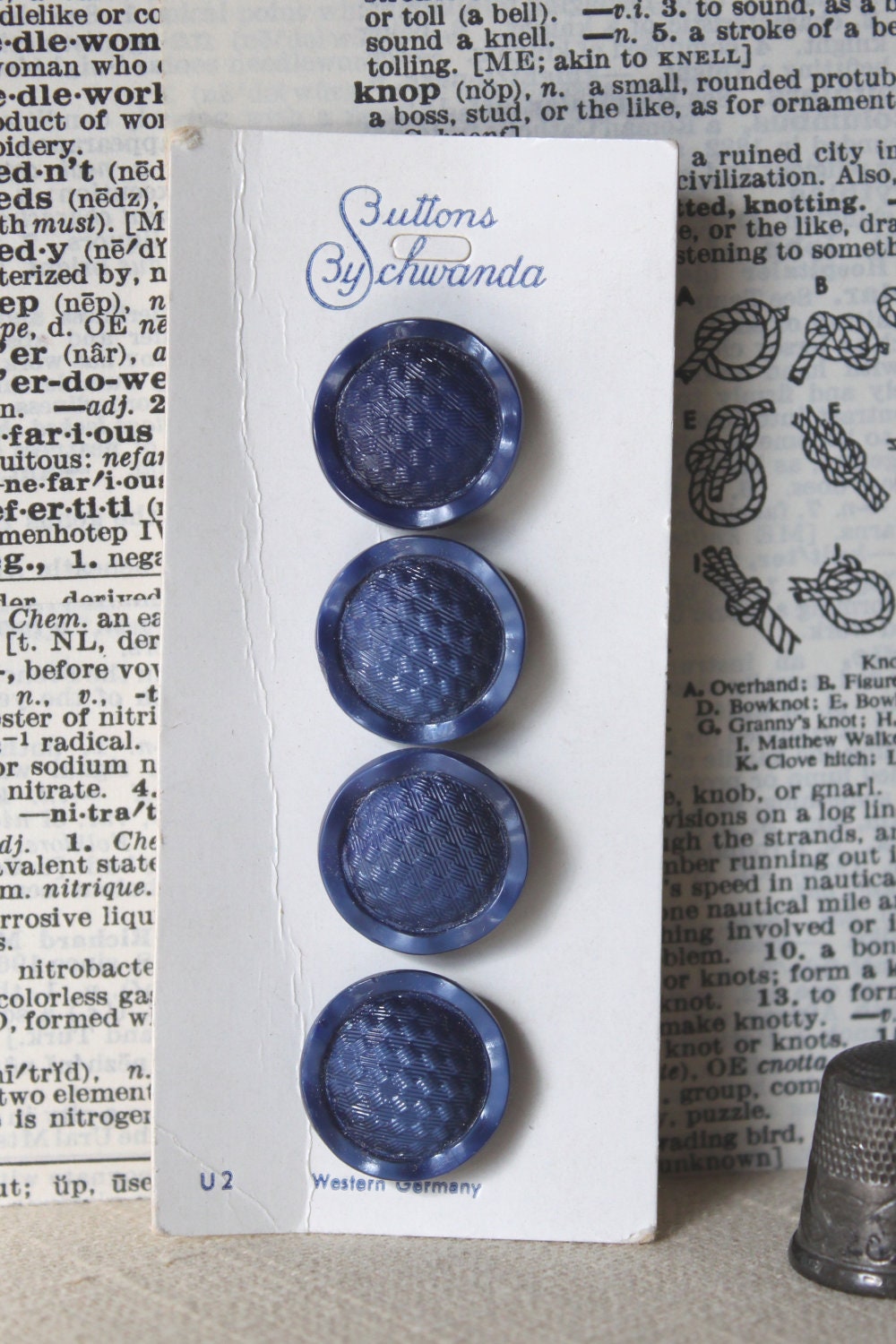 Vintage glass buttons Blue Round qty 5 Schwanda NOS