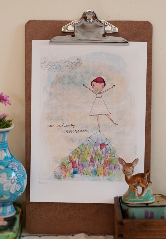 she climbs mountains art print A5 5x 7 inches