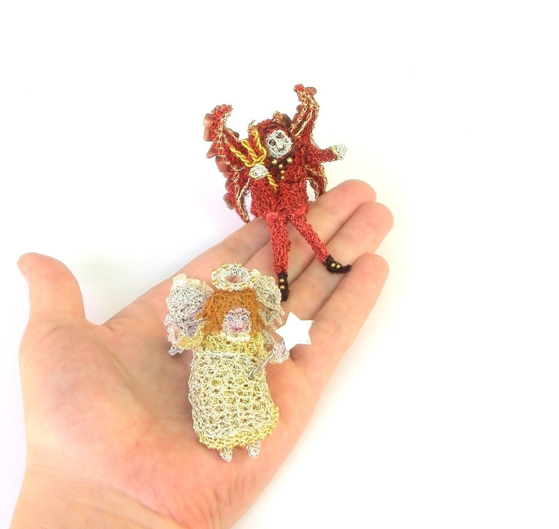 Angel and devil shoulder brooches, unusual crochet wire brooches with semi precious stones