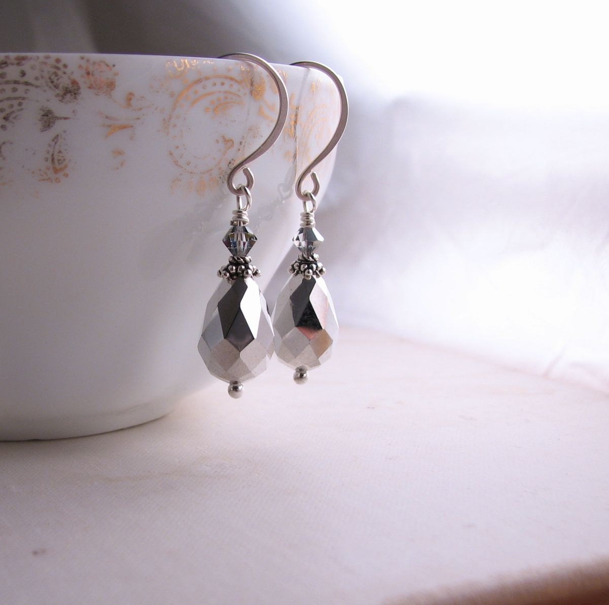 Silver Metallic drop earrings with vintage Swarovski comet argent crystals