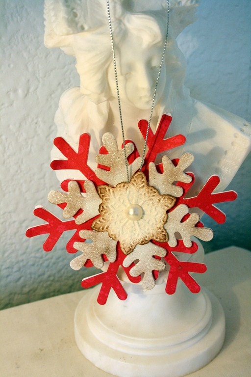 Three Ornaments Glittered Snowflake Christmas Ornaments Mica Snow Glitter Gold Glitter Gold Ribbon