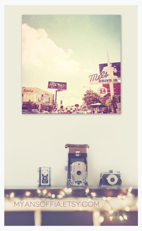West Hollywood photography, Ketchup, Los Angeles street scape Sunset Blvd Mel's drive-in retro signs, blue travel print 5x5
