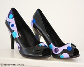 Womens Hand Painted Peep Toe Heels, Black, Purples and Blues, Size 7.5