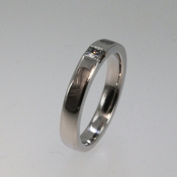 Tension Style Ring in Palladium with Meteorite Inlay and Moissanite Stone - Great Alternative Engagement Ring