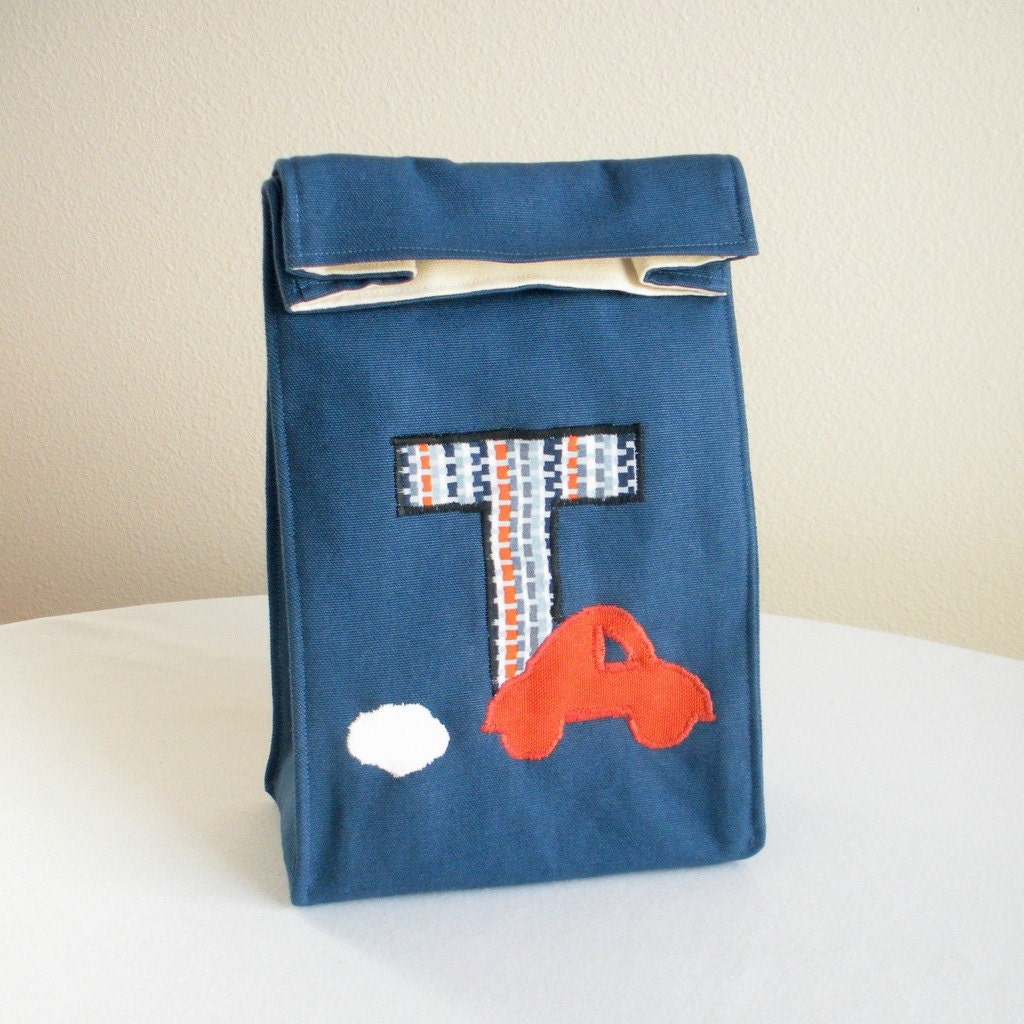 Kids Lunch Bag - Eco Friendly, Organic Cotton - Blue and Orange Car for Boys - Back to School