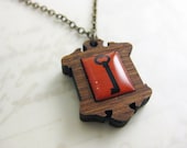 Red Skeleton Key Necklace in bamboo and resin - Illustration Jewelry - Victorian Frame pendant