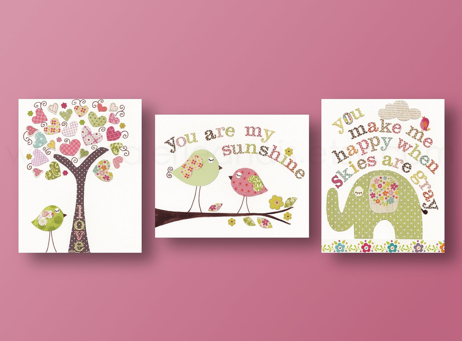 Nursery art prints, baby nursery decor, kids art, children wall art, tree, bird, elephant, you are my sunshine, Set of 3, 11x14 prints