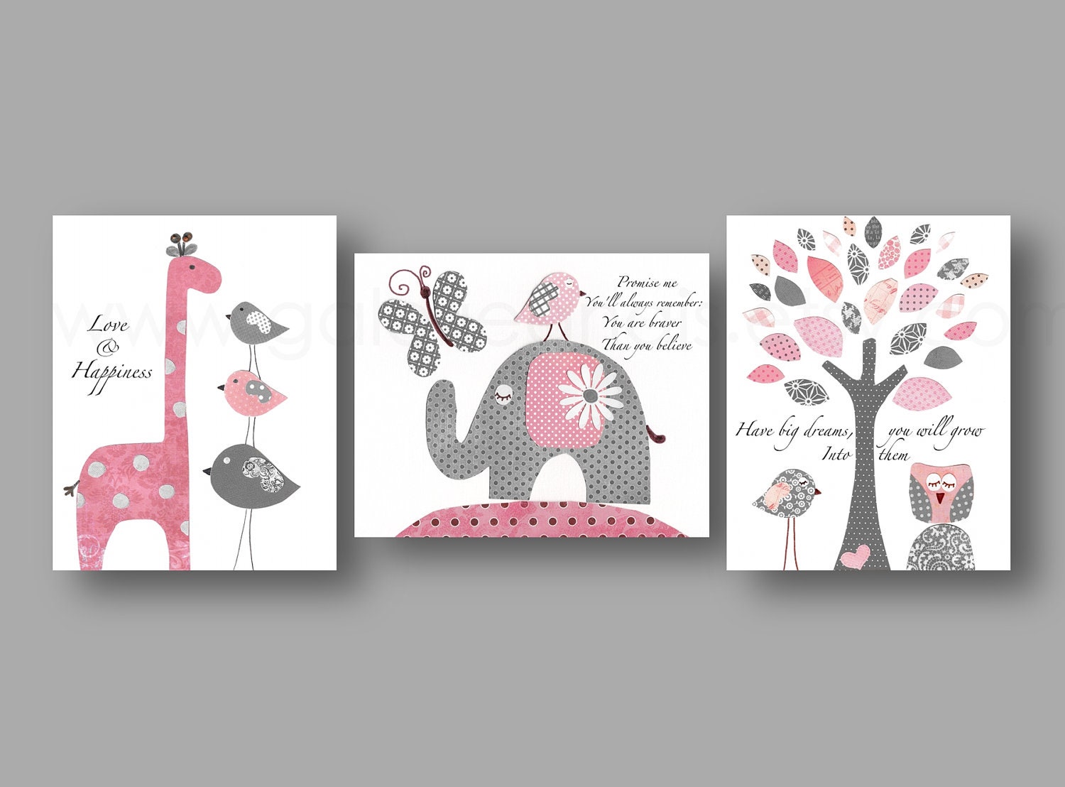 Nursery wall art, baby nursery, Promise me, Have big dreams, giraffe, elephant, tree, Birds, owl, pink, gray, Set of three 8x10 prints