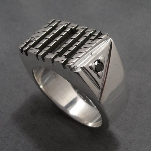 Flat victim biker ring - sterling silver - black diamonds