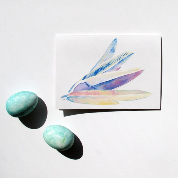 Four Feathers - Watercolour, Pen and Ink Illustrated, blank A5, 100% recycled Card with Envelope.