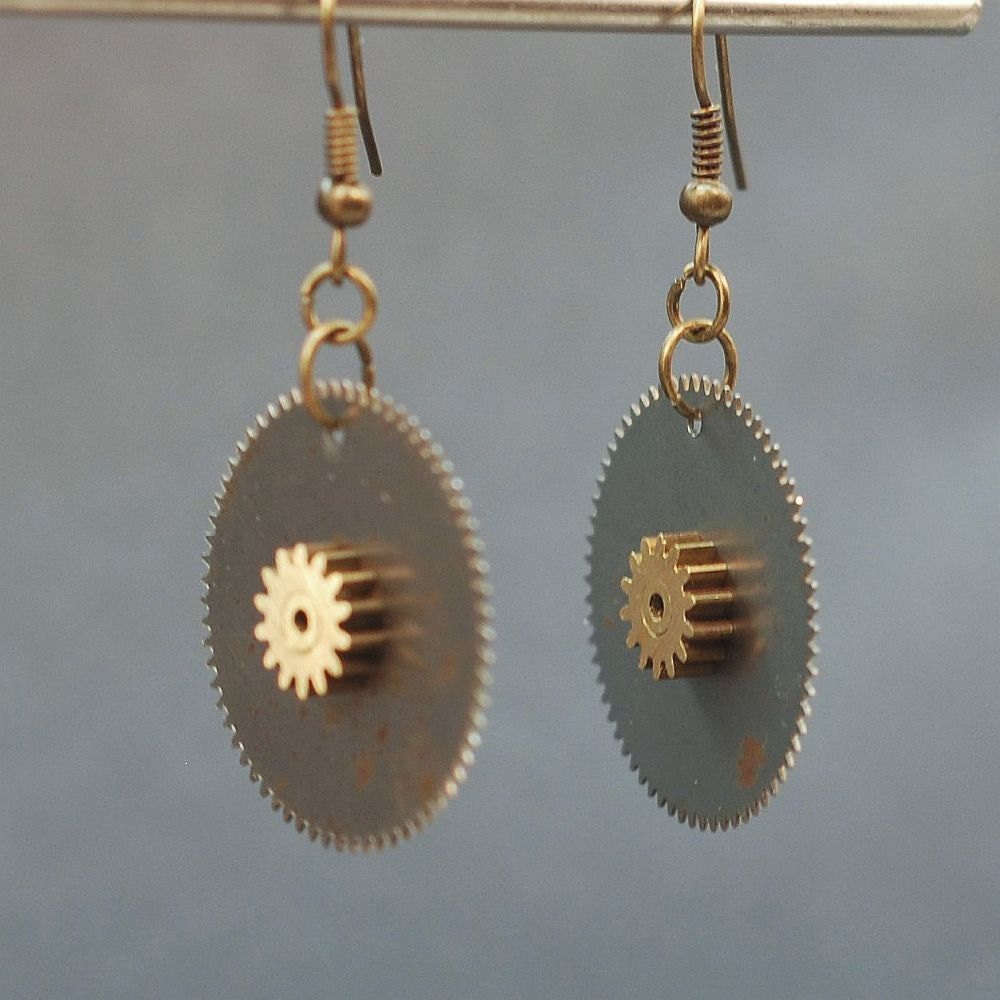 Steampunk Earrings- Silver & Brass Rusty Clock Gear Jewelry