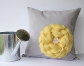 Pastel Yellow Felt Flower 16" DECORATIVE PILLOW Gray Linen White Button by JillianReneDecor Nursery Decor Floral Gift for Her