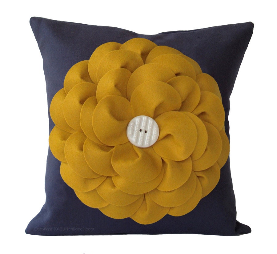 Navy and Yellow Flower PILLOW COVER with White Ceramic Retro Button by JillianReneDecor Color Block Home Decor