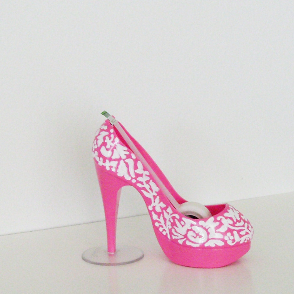 Pink Stiletto Shoe Tape Dispenser / Hand Painted White Floral Damask / Pink Stiletto Heel / Unique Office Decor / Feminine