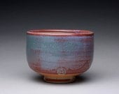 handmade matcha chawan, pottery bowl with orange shino and green ash glazes