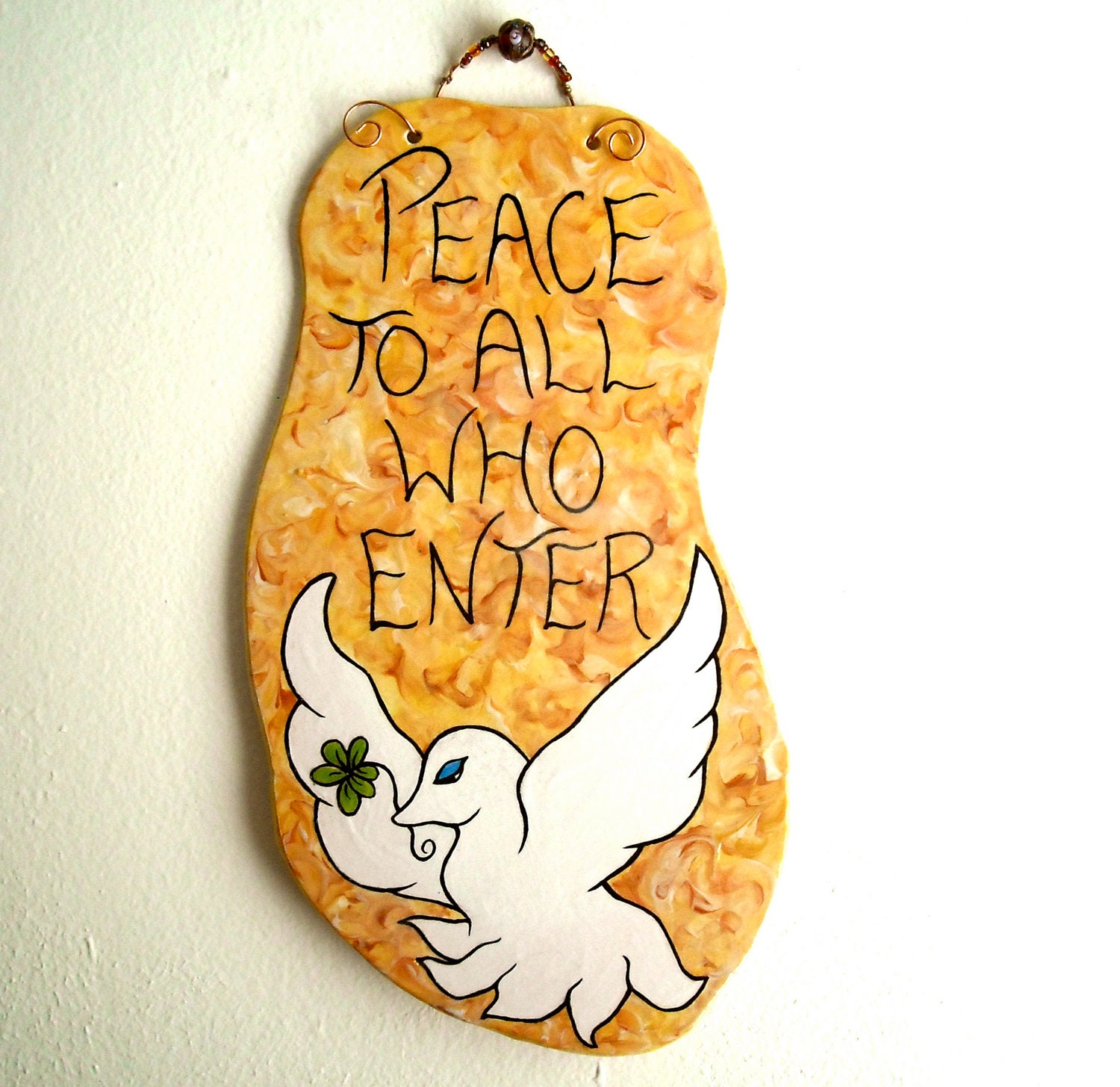 Peace To All Who Enter Sign - HandMade Painted Pottery White Dove Wall Hanging Plaque - Peaceful Welcome, Housewarming Gift