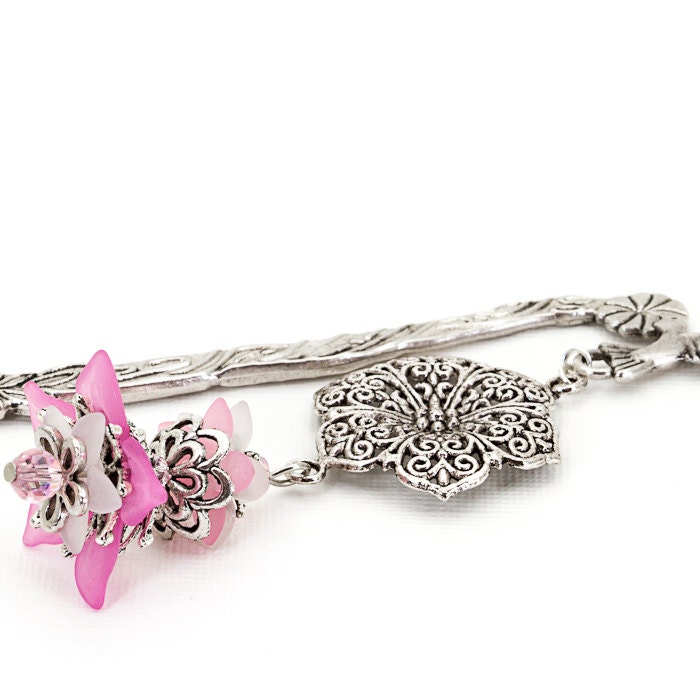 SALE Silver Pink and White Floral Etched Bookmark
