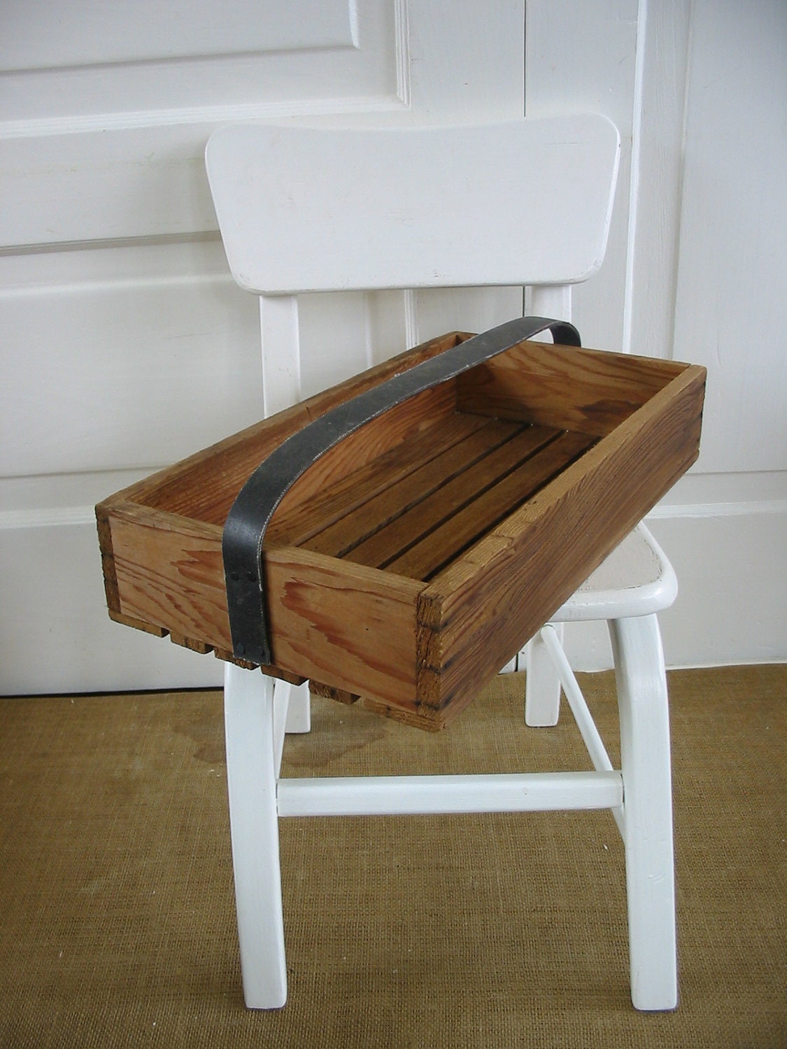 Wood Box Tote Crate Industrial Storage Primitive Rustic Vintage