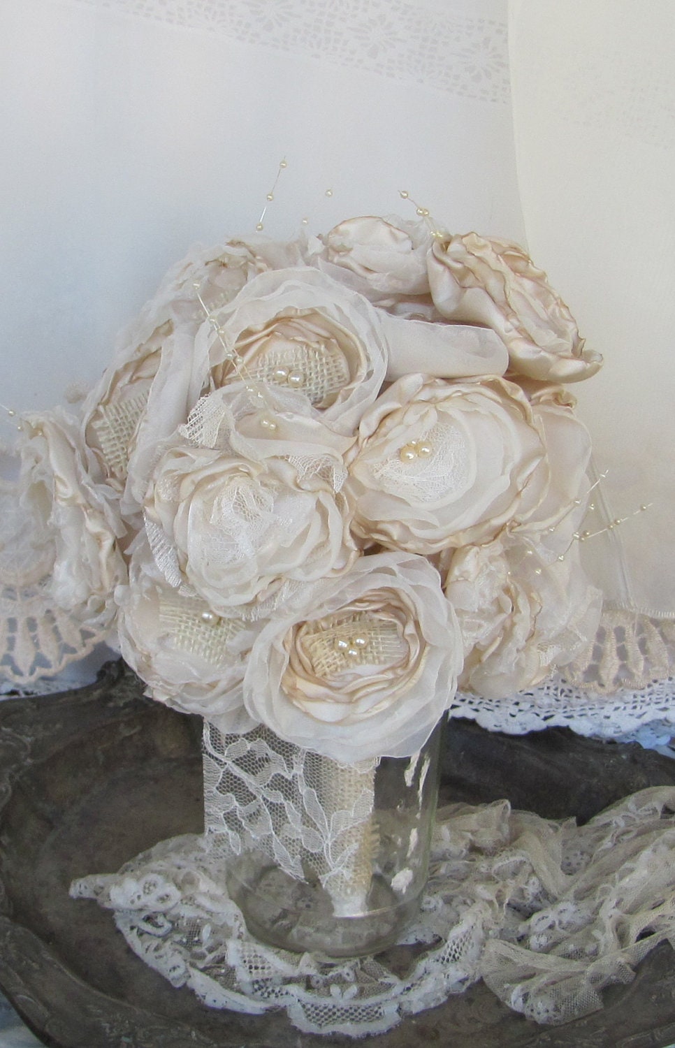 Burlap Wedding Bouquet Vintage Inspired  Ivory and Beige Custom Order any color