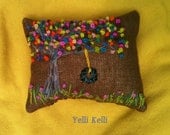 Fall Tree Hand Embroidery Burlap Pillow Tire Swing Ready To Ship