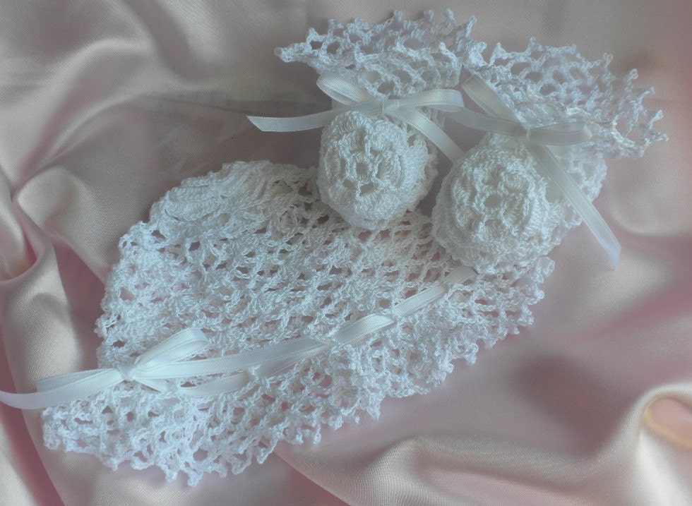 White Crocheted Open Work/Mesh Booties and Cap/Hat with Rose Flower for Newborn to Three Month Old Baby Girl