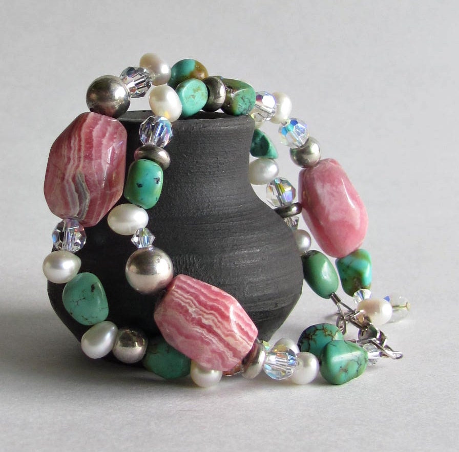 Rhodochrosite and Turquoise Bracelet - Double Strand - Fall Fashion