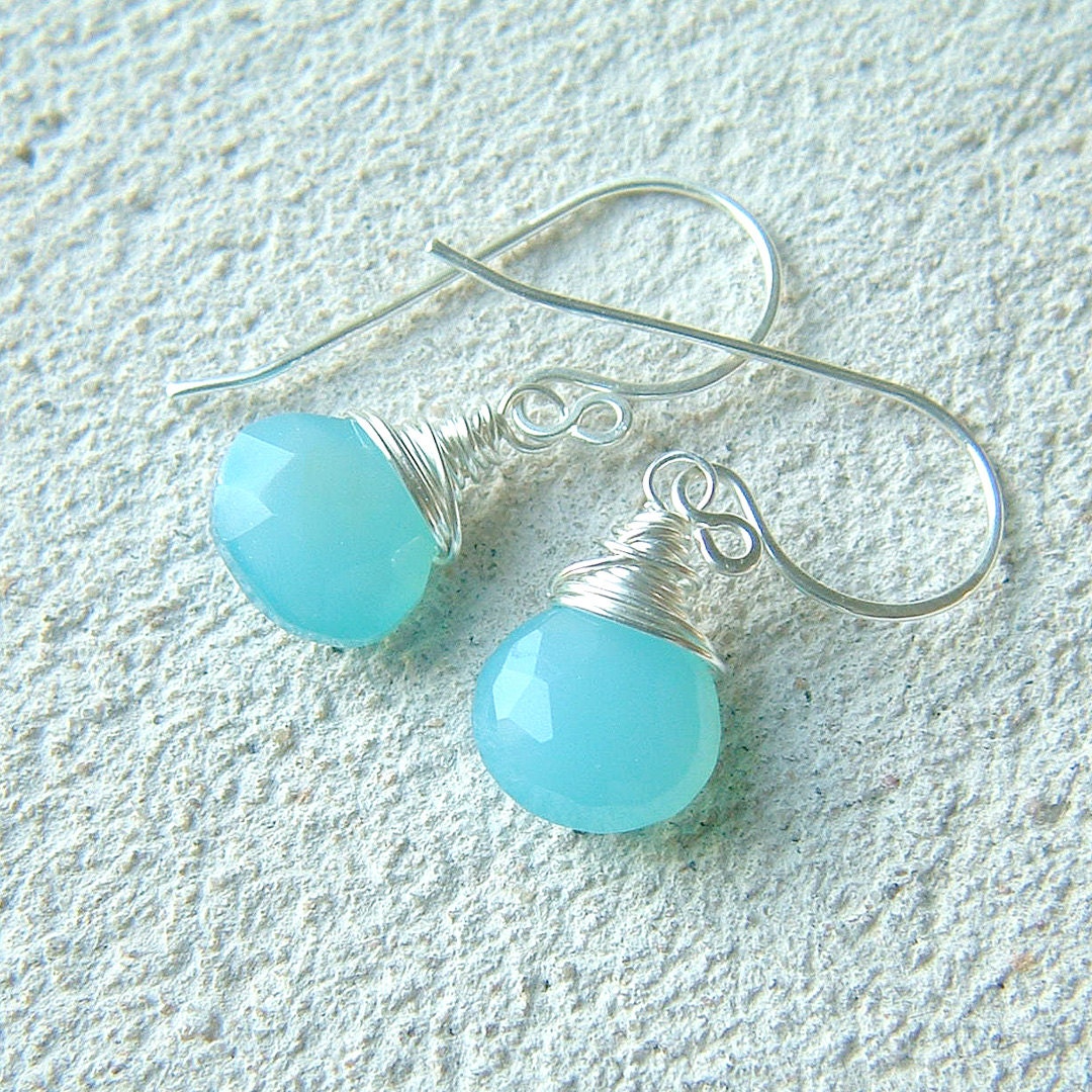 Blue Chalcedony Earrings Sterling Silver wire Wrap Drops fall fashion, Cloud Nine