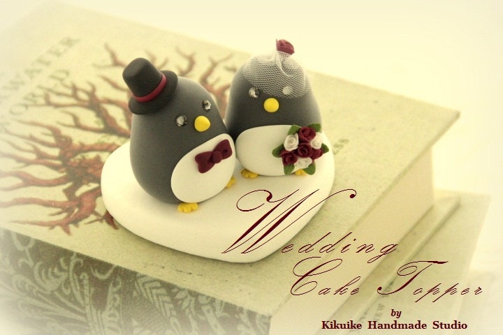 Handmade Penguins bride and groom wedding cake topper