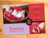 Modern Birth Announcment, Baby Girl Announcement, Custom Photo card, Swatches Custom Baby Announcement Photo Card