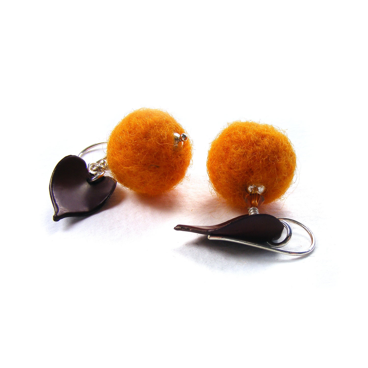 Orange Felt Ball Earrings, Handmade Autumn Orange & Sterling Silver Earrings, Harvest Fall, Brown Leaf Earrings