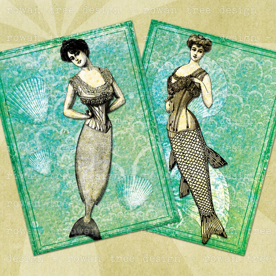 Digital Collage Sheet Vintage COLLAGED MERMAIDS 2.5x3.5in Printable Download - no. 0093