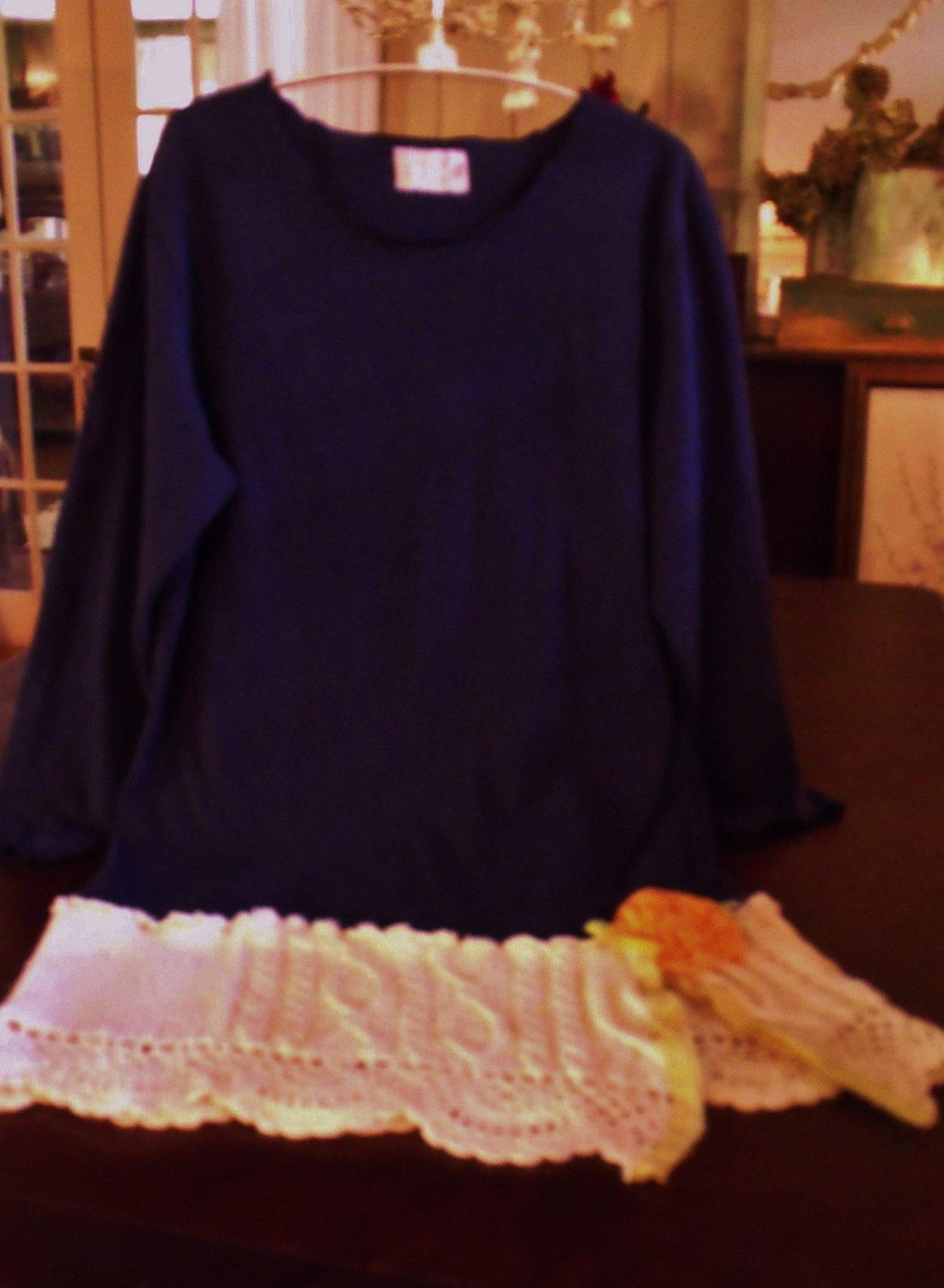 Fab, Funky, Refashioned Navy Stretchy Tee Knit with Cream Crochet Look Sweater Knit Dress