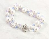 White Pearl Bracelet Violet Sapphire Blue Crystal Sterling Box Clasp Bridal Jewelry - AbacusBeadCreations White Pearl Bracelet Violet Sapphire Blue Crystal Sterling Box Clasp Bridal Jewelry - AbacusBeadCreations