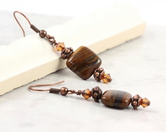 Boho Rustic Earrings Brown Tiger Iron Copper Crystal Woodland Fall Fashion