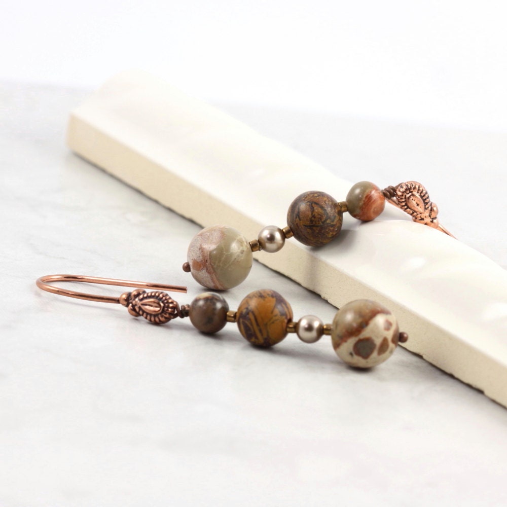 Fall Fashion Jewelry Earrings Safari Jasper Brown Earth Tones Woodland Rustic Bronze