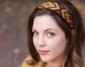 Ethnic Headband Black Orange Mustard Gold and Green Vintage Woven Jacquard  Women Teen Adult