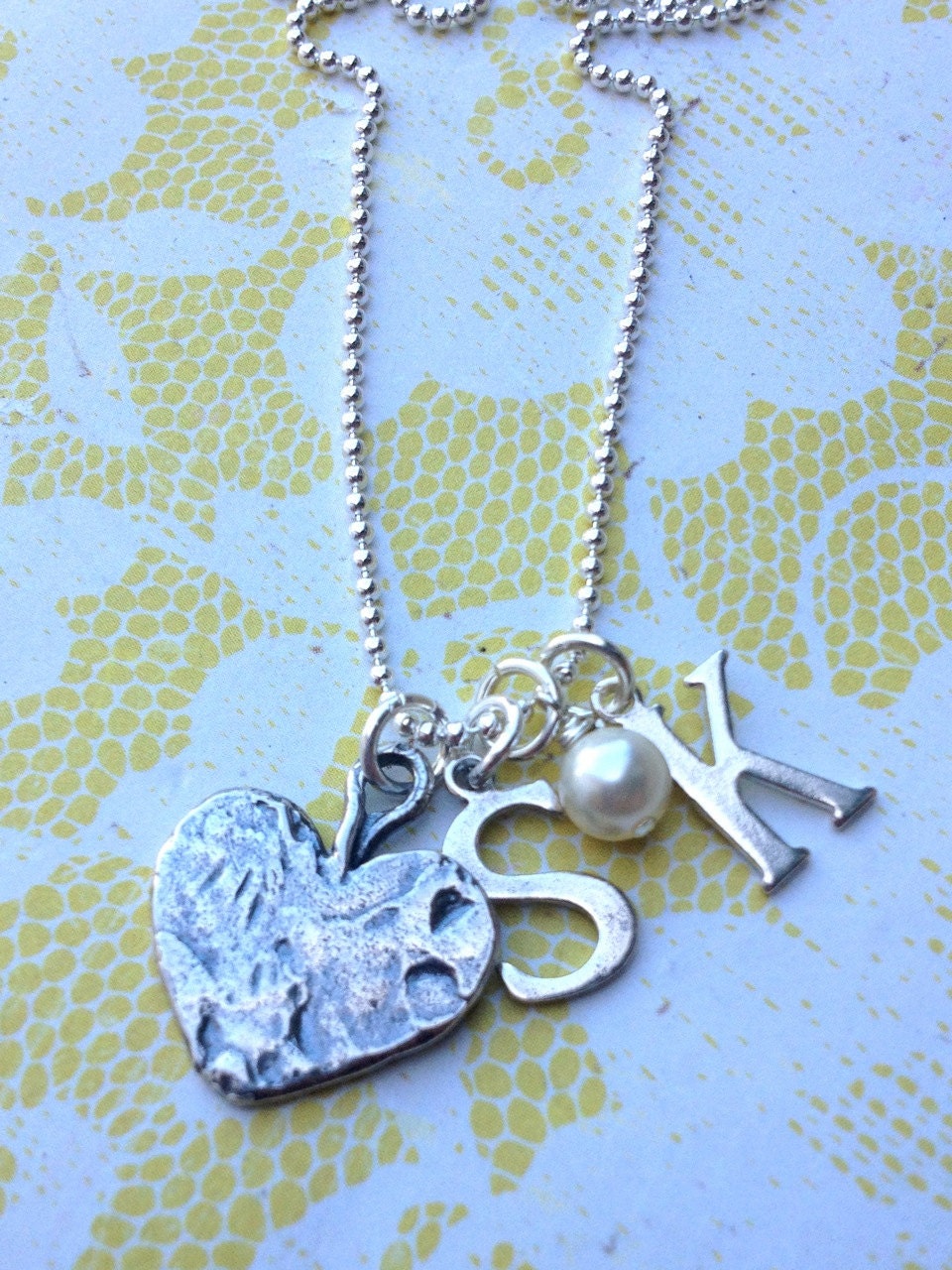 Sterling Silver Necklace, Textured Heart Charm, 2 Initials and a Pearl dangle  Mothers Day Gift