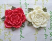 BIG Resin Rose with leaves Cabochons Set 2pcs Red and Ivory