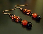Halloween Chainmail Copper, Onyx, and Carnelian dangle Earrings
