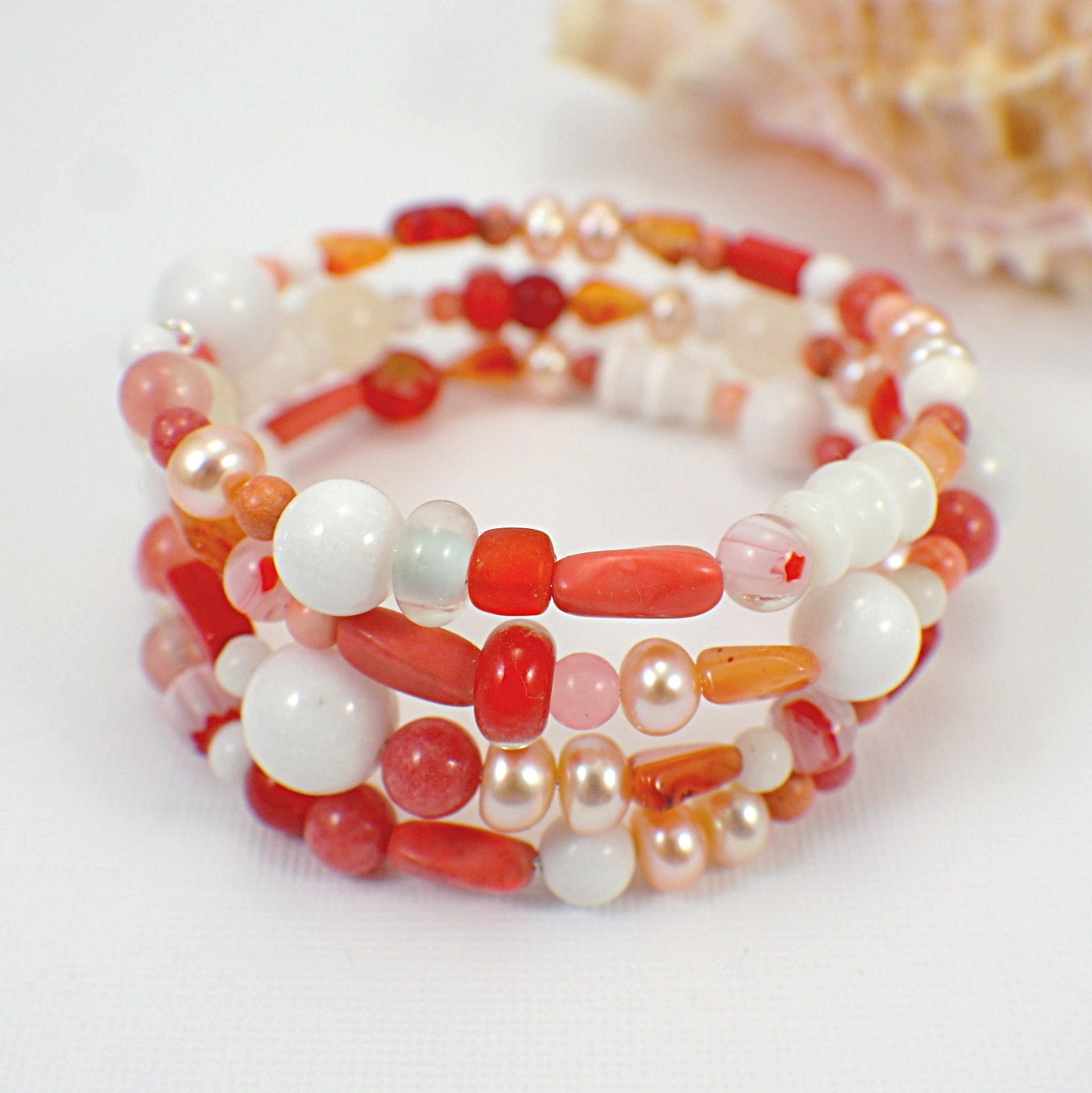 Capstone memory wire bracelet coral peach white orange red pink wide cuff