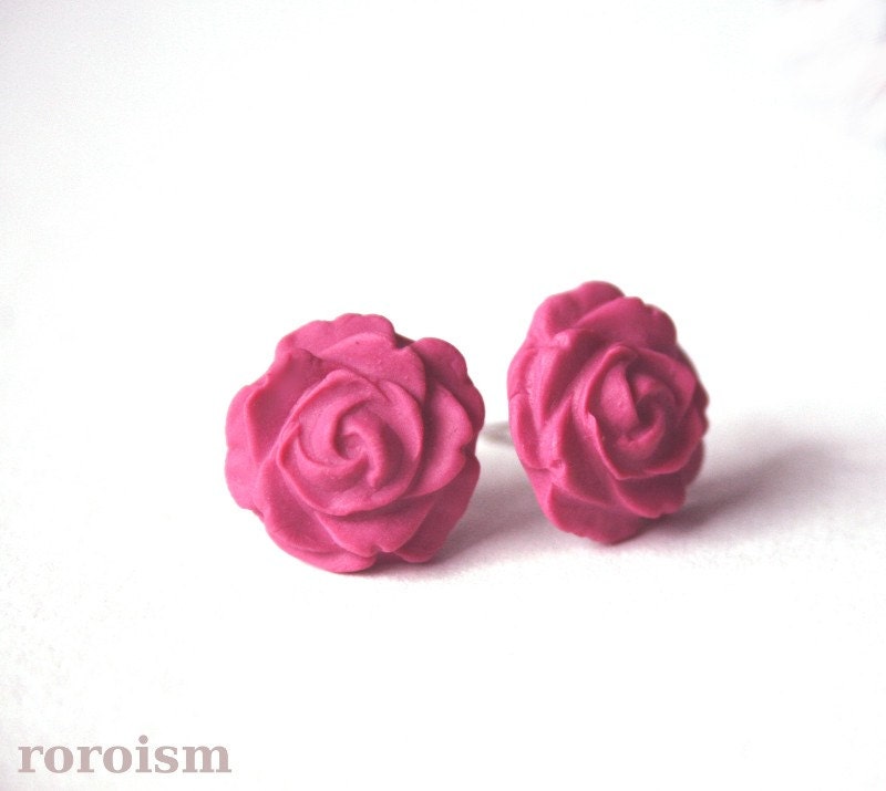 Carnation Pink Rose shaped - cabochon STUD earrings - posts, resin, floral, vintage style, cabochon, fimo