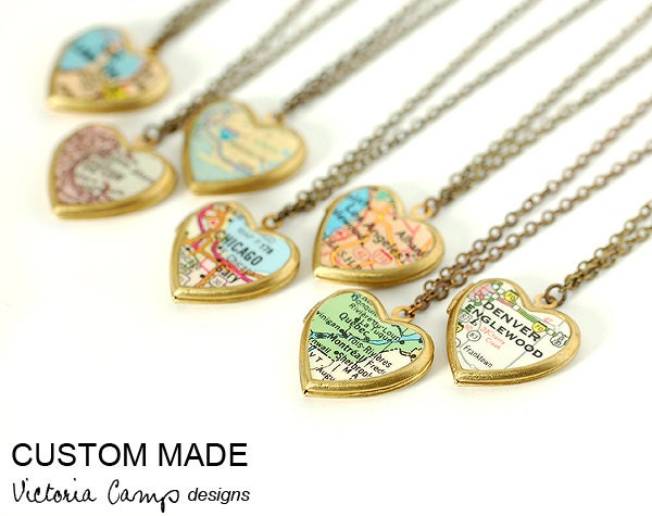 Custom Map Necklace, Small Heart Locket, Brass Chain, Personalized Map Jewelry, Bridesmaid Gift, Wedding, Gift Under 40