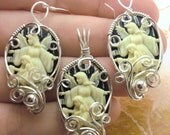 R844 Guardian Angel and Girl Cameo Earrings & Pendant Set Sterling Silver