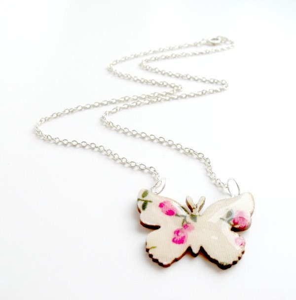 fabric covered wooden butterfly necklace - pink flower design