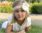 Ivory headband - IVORY flower and ivory peacock feather headband - Satin and lace line