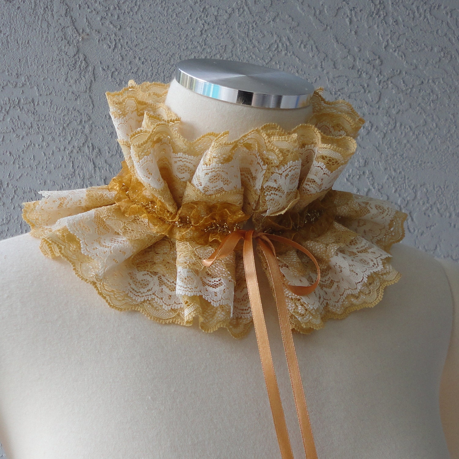 Victorian Inspired Mustard Ivory And Gold Lace And  Ribbon Ruffle Collar Necklace Cowl Statement Piece