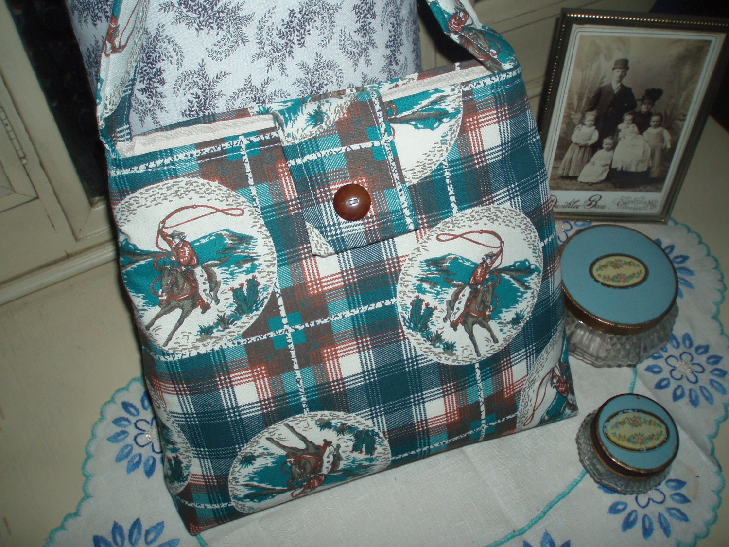 vintage cowboys western plaid fabric purse medium size turquoise brown