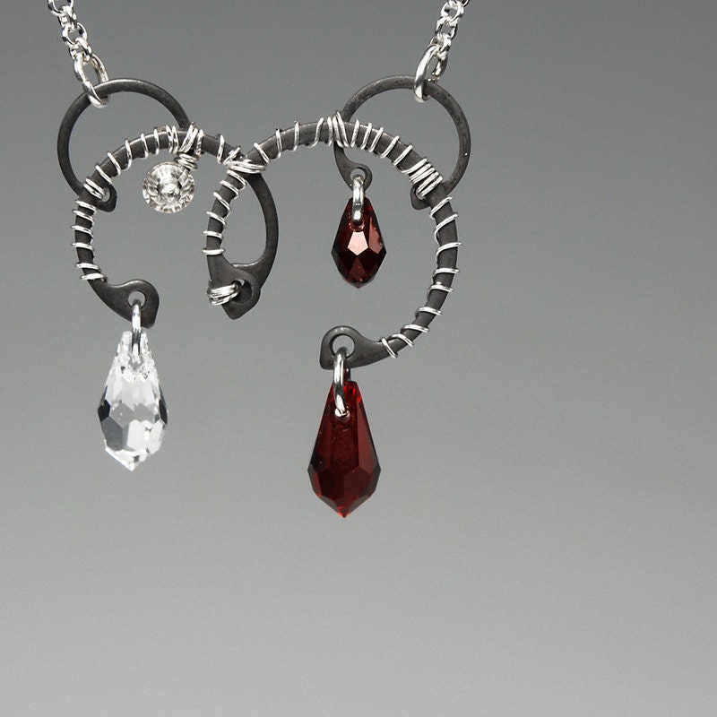 Mars v10: Modern industrial wire wrapped necklace with red Swarovski crystals