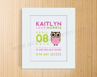 Custom Birth Announcement Print - OWL Wall art